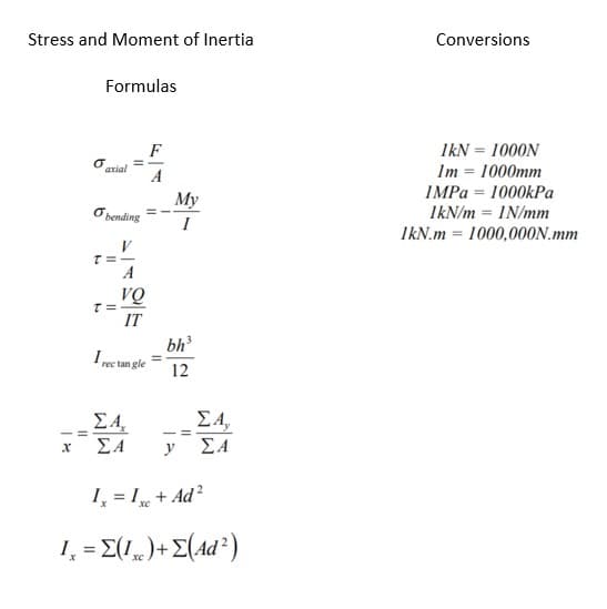 Stress and Moment of Inertia
Conversions
Formulas
F
IkN = 1000N
axial
A
Im = 1000mm
IMPA = 1000kPa
IkN/m = IN/mm
My
O bending
I
IkN.m = 1000,00ON.mm
V
A
VQ
T =-
IT
bh
I rec tan gle
12
EA,
y ΣΑ
ΣΑ
-= -
ΣΑ
1, = 1 + Ad²
xe
1, = E(!.)+E(4d²)
