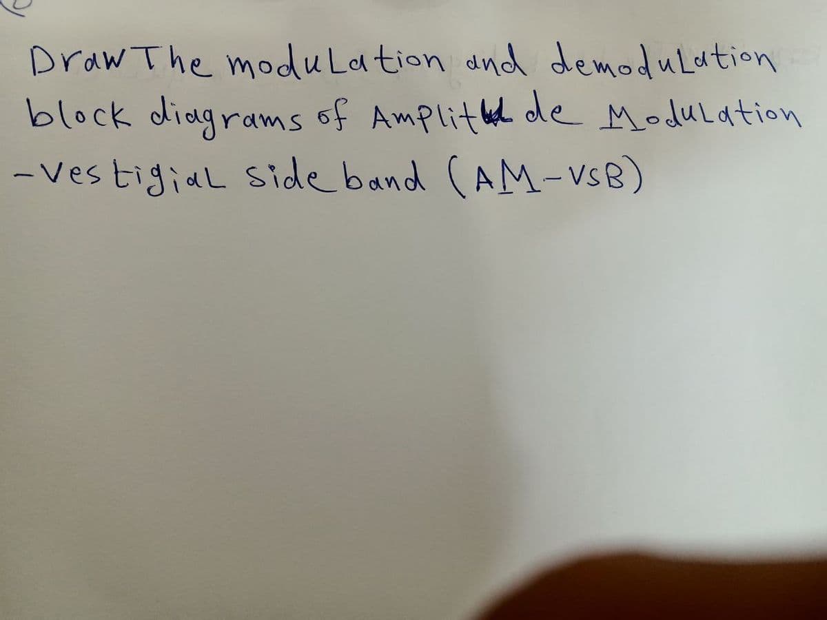 Draw The modulation and demodulation
block diagrams of Amplit de Modulation
-Vestigial side band (AM-VSB)