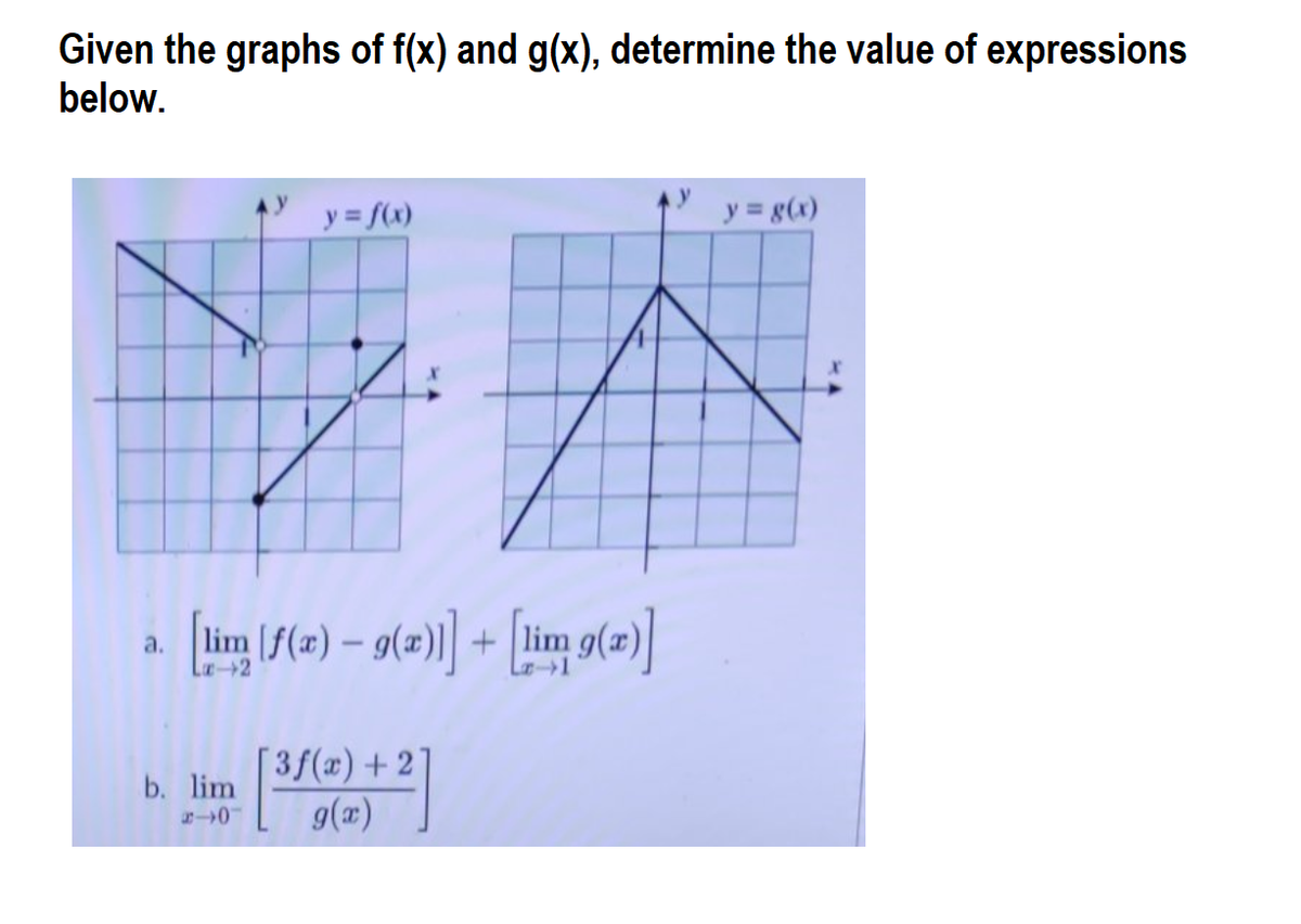 Given the graphs of f(x) and g(x), determine the value of expressions
below.
y = f(x)
y = g(x)
a.
La2
[im (/(e) – g(=)] + [im g(e)]
lim g(2)
3f(x)+ 2
g(x)
b. lim
