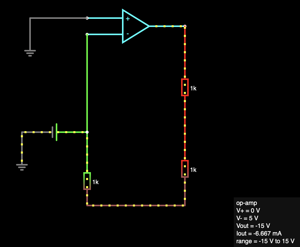 +
1k
1k
1k
ор-amp
V+ = 0 V
V- = 5 V
Vout = -15 V
lout =
-6.667 mA
range = -15 V to 15 V
