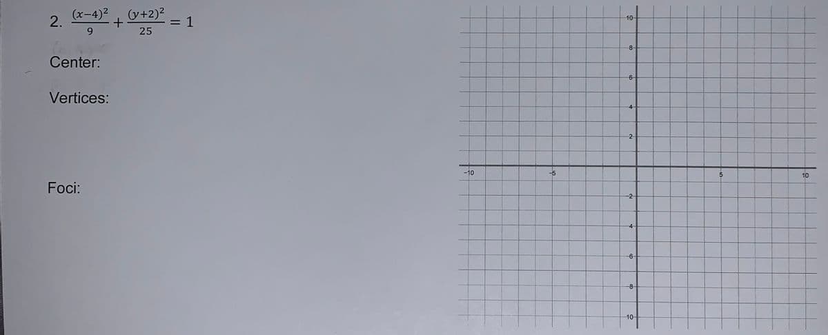 ## Equation of the Ellipse

**Equation:**  
\[ \frac{(x-4)^2}{9} + \frac{(y+2)^2}{25} = 1 \]

**Center:**  
To find the center of the ellipse, identify the values that shift the origin, \((h, k)\):

- \(h = 4\)
- \(k = -2\)

The center is at \((4, -2)\).

**Vertices:**  
For an ellipse in the form \(\frac{(x-h)^2}{a^2} + \frac{(y-k)^2}{b^2} = 1\), the larger denominator corresponds to the major axis.

- Major Axis along the \(y\)-axis: \(b^2 = 25 \Rightarrow b = 5\)
- Minor Axis along the \(x\)-axis: \(a^2 = 9 \Rightarrow a = 3\)

Vertices are at \((4, -2 \pm 5)\), i.e., \((4, 3)\) and \((4, -7)\).

**Foci:**  
The distance from the center to each focus, \(c\), is found using \(c^2 = b^2 - a^2\).

- \(c^2 = 25 - 9 = 16 \Rightarrow c = 4\)

Foci are at \((4, -2 \pm 4)\), i.e., \((4, 2)\) and \((4, -6)\).

## Graph Explanation

The graph is a standard coordinate plane with grids progressing from \(-10\) to \(10\) on both axes. The graph aids in plotting the ellipse centered at \((4, -2)\) based on the given equation. It shows:

- Horizontal span defined by \(\pm 3\) from the center.
- Vertical span defined by \(\pm 5\) from the center.
  
This provides a visual guide for sketching and understanding the properties of the ellipse, including its orientation, shape, and important points like vertices and foci.