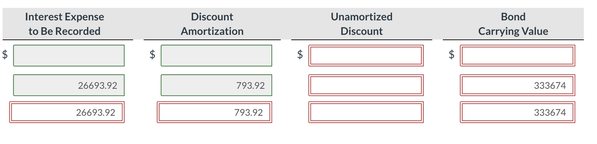 Interest Expense
Discount
Unamortized
Bond
to Be Recorded
Amortization
Discount
Carrying Value
$
26693.92
793.92
333674
26693.92
793.92
333674
%24
%24
%24
