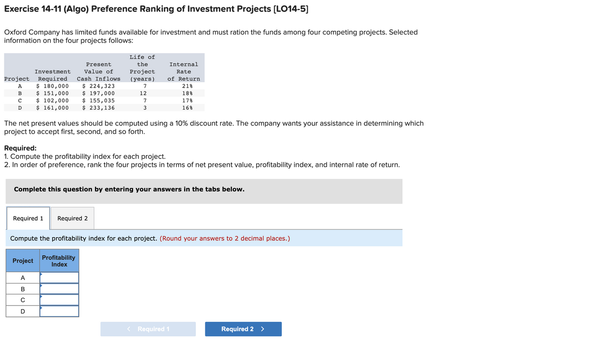 Exercise 14-11 (Algo) Preference Ranking of Investment Projects [LO14-5]
Oxford Company has limited funds available for investment and must ration the funds among four competing projects. Selected
information on the four projects follows:
Life of
Present
the
Internal
Investment
Value of
Project
Rate
Required
$ 180,000
$ 151,000
$ 102,000
$ 161,000
Project
Cash Inflows
(years)
of Return
$ 224,323
$ 197,000
$ 155,035
$ 233,136
А
7
21%
12
18%
C
7
17%
D
3
16%
The net present values should be computed using a 10% discount rate. The company wants your assistance in determining which
project to accept first, second, and so forth.
Required:
1. Compute the profitability index for each project.
2. In order of preference, rank the four projects in terms of net present value, profitability index, and internal rate of return.
Complete this question by entering your answers in the tabs below.
Required 1
Required 2
Compute the profitability index for each project. (Round your answers to 2 decimal places.)
Profitability
Index
Project
А
В
< Required 1
Required 2
>
D
