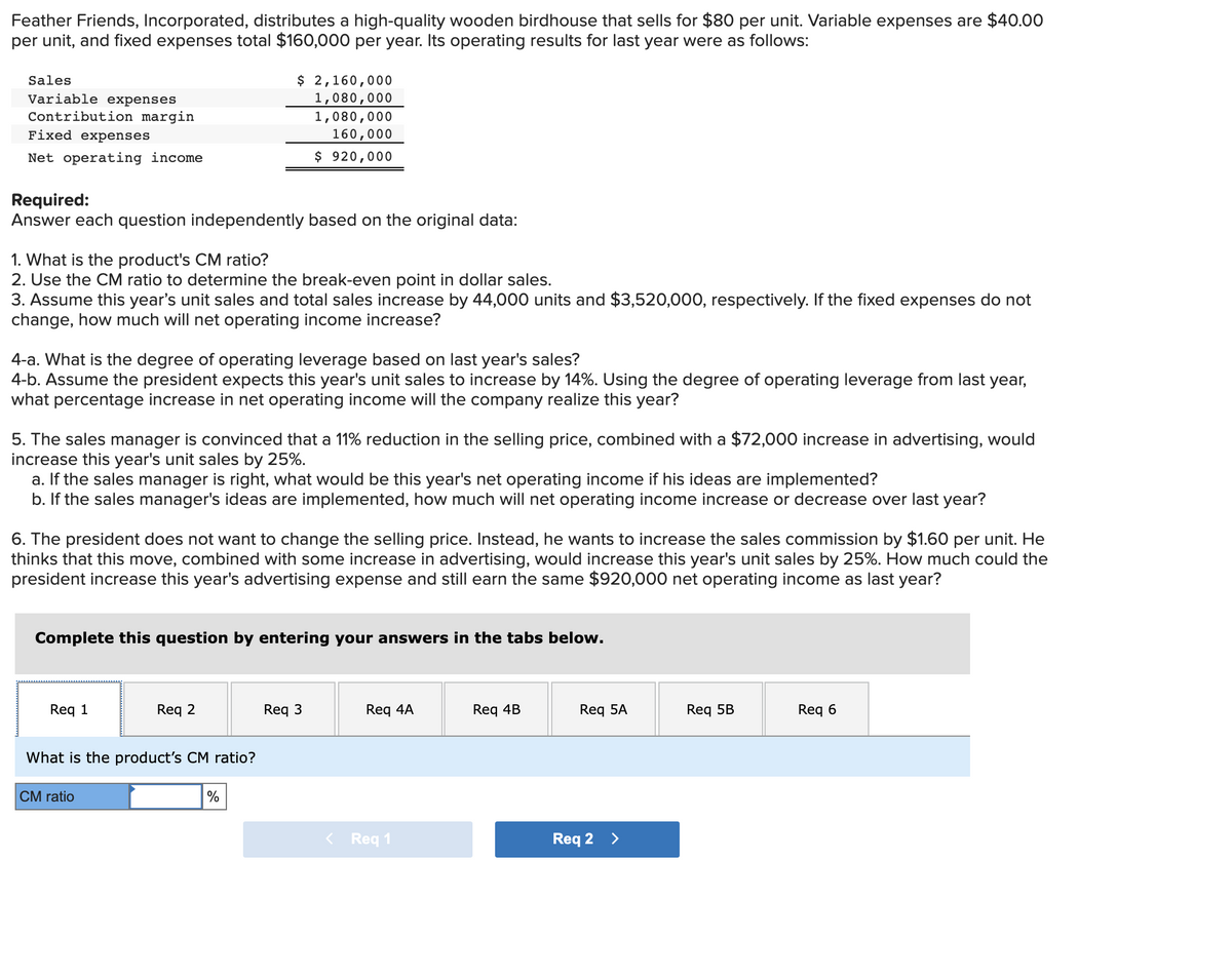 Feather Friends, Incorporated, distributes a high-quality wooden birdhouse that sells for $80 per unit. Variable expenses are $40.00
per unit, and fixed expenses total $160,000 per year. Its operating results for last year were as follows:
$ 2,160,000
1,080,000
1,080,000
Sales
Variable expenses
Contribution margin
Fixed expenses
160,000
Net operating income
$ 920,000
Required:
Answer each question independently based on the original data:
1. What is the product's CM ratio?
2. Use the CM ratio to determine the break-even point in dollar sales.
3. Assume this year's unit sales and total sales increase by 44,000 units and $3,520,000, respectively. If the fixed expenses do not
change, how much will net operating income increase?
4-a. What is the degree of operating leverage based on last year's sales?
4-b. Assume the president expects this year's unit sales to increase by 14%. Using the degree of operating leverage from last year,
what percentage increase in net operating income will the company realize this year?
5. The sales manager is convinced that a 11% reduction in the selling price, combined with a $72,000 increase in advertising, would
increase this year's unit sales by 25%.
a. If the sales manager is right, what would be this year's net operating income if his ideas are implemented?
b. If the sales manager's ideas are implemented, how much will net operating income increase or decrease over last year?
6. The president does not want to change the selling price. Instead, he wants to increase the sales commission by $1.60 per unit. He
thinks that this move, combined with some increase in advertising, would increase this year's unit sales by 25%. How much could the
president increase this year's advertising expense and still earn the same $920,000 net operating income as last year?
Complete this question by entering your answers in the tabs below.
Req 1
Req 2
Req 3
Req 4A
Req 4B
Req 5A
Req 5B
Req 6
What is the product's CM ratio?
CM ratio
%
< Req 1
Req 2 >
