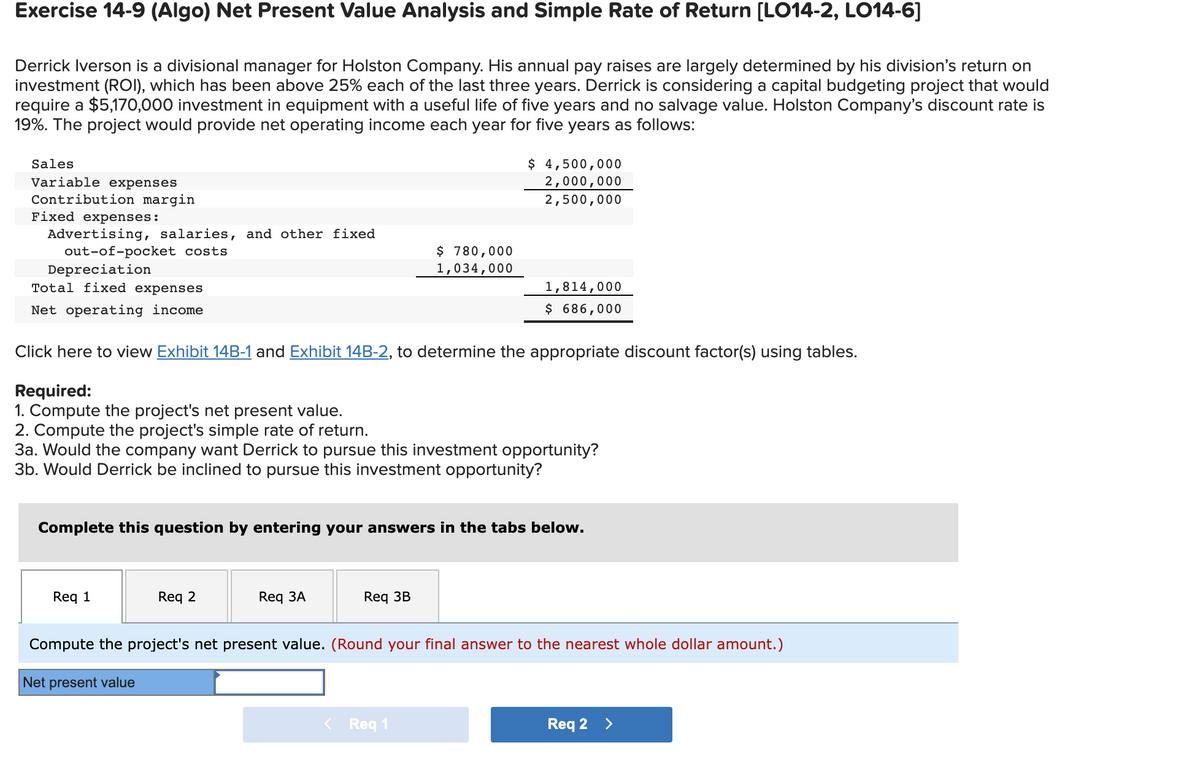 Exercise 14-9 (Algo) Net Present Value Analysis and Simple Rate of Return [LO14-2, LO14-6]
Derrick Iverson is a divisional manager for Holston Company. His annual pay raises are largely determined by his division's return on
investment (ROI), which has been above 25% each of the last three years. Derrick is considering a capital budgeting project that would
require a $5,170,000 investment in equipment with a useful life of five years and no salvage value. Holston Company's discount rate is
19%. The project would provide net operating income each year for five years as follows:
$ 4,500,000
2,000,000
2,500,000
Sales
Variable expenses
Contribution margin
Fixed expenses:
Advertising, salaries, and other fixed
out-of-pocket costs
Depreciation
Total fixed expenses
$ 780,000
1,034,000
1,814,000
Net operating income
$ 686,000
Click here to view Exhibit 14B-1 and Exhibit 14B-2, to determine the appropriate discount factor(s) using tables.
Required:
1. Compute the project's net present value.
2. Compute the project's simple rate of return.
3a. Would the company want Derrick to pursue this investment opportunity?
3b. Would Derrick be inclined to pursue this investment opportunity?
Complete this question by entering your answers in the tabs below.
Req 1
Req 2
Req ЗA
Req 3B
Compute the project's net present value. (Round your final answer to the nearest whole dollar amount.)
Net present value
< Req 1
Req 2 >
