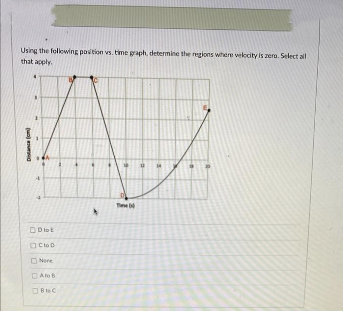 Using the following position vs. time graph, determine the regions where velocity is zero. Select all
that apply.
12
to
Time (s)
OD to E
O C to D
O None
O A to B
O B to C
Distance (cm)
