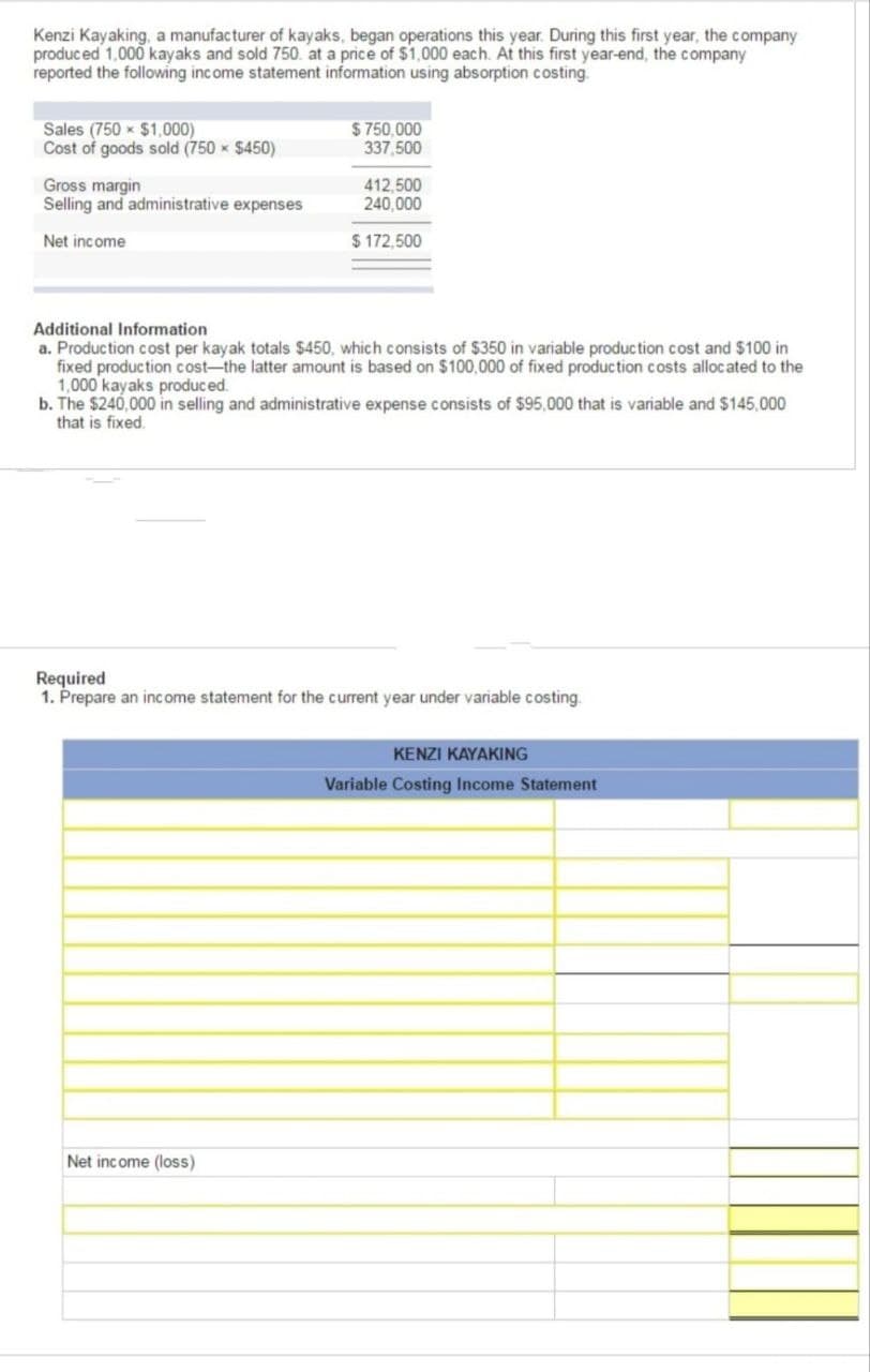 Kenzi Kayaking, a manufacturer of kayaks, began operations this year. During this first year, the company
produced 1,000 kayaks and sold 750. at a price of $1,000 each. At this first year-end, the company
reported the following income statement information using absorption costing.
Sales (750 × $1,000)
Cost of goods sold (750 × $450)
Gross margin
Selling and administrative expenses
Net income
$750,000
337,500
412,500
240,000
$172,500
Additional Information
a. Production cost per kayak totals $450, which consists of $350 in variable production cost and $100 in
fixed production cost-the latter amount is based on $100,000 of fixed production costs allocated to the
1,000 kayaks produced.
b. The $240,000 in selling and administrative expense consists of $95,000 that is variable and $145,000
that is fixed.
Net income (loss)
Required
1. Prepare an income statement for the current year under variable costing.
KENZI KAYAKING
Variable Costing Income Statement