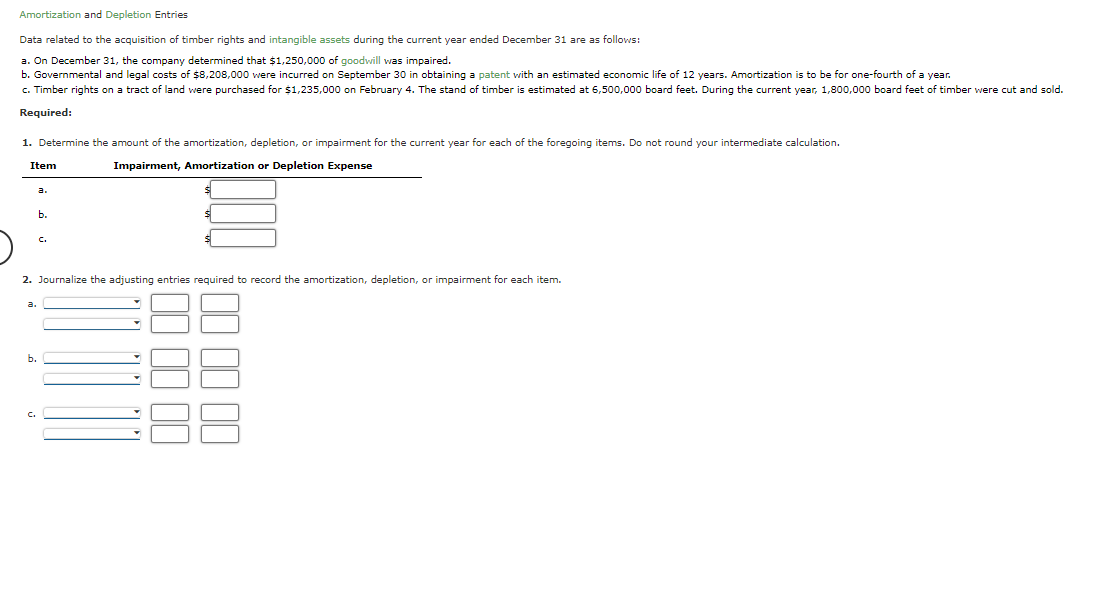 Amortization and Depletion Entries
Data related to the acquisition of timber rights and intangible assets during the current year ended December 31 are as follows:
a. On December 31, the company determined that $1,250,000 of goodwill was impaired.
b. Governmental and legal costs of $8,208,000 were incurred on September 30 in obtaining a patent with an estimated economic life of 12 years. Amortization is to be for one-fourth of a year.
c. Timber rights on a tract of land were purchased for $1,235,000 on February 4. The stand of timber is estimated at 6,500,000 board feet. During the current year, 1,800,000 board feet of timber were cut and sold.
Required:
1. Determine the amount of the amortization, depletion, or impairment for the current year for each of the foregoing items. Do not round your intermediate calculation.
Impairment, Amortization or Depletion Expense
Item
a.
2. Journalize the adjusting entries required to record the amortization, depletion, or impairment for each item.
b.
a.
C.
b.