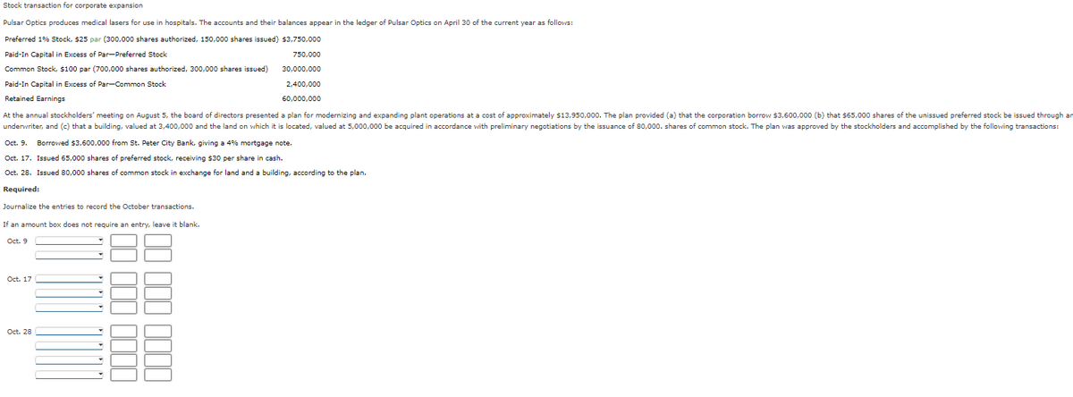 Stock transaction for corporate expansion
Pulsar Optics produces medical lasers for use in hospitals. The accounts and their balances appear in the ledger of Pulsar Optics on April 30 of the current year as follows:
Preferred 1% Stock, $25 par (300,000 shares authorized, 150,000 shares issued) $3,750,000
Paid-In Capital in Excess of Par-Preferred Stock
750,000
30,000,000
Common Stock, $100 par (700,000 shares authorized, 300,000 shares issued)
Paid-In Capital in Excess of Par-Common Stock
2,400,000
60,000,000
Retained Earnings
At the annual stockholders' meeting on August 5, the board of directors presented a plan for modernizing and expanding plant operations at a cost of approximately $13,950,000. The plan provided (a) that the corporation borrow $3,600,000 (b) that $65,000 shares of the unissued preferred stock be issued through an
underwriter, and (c) that a building, valued at 3,400,000 and the land on which it is located, valued at 5,000,000 be acquired i accordance with preliminary negotiations by the issuance of 80,000. shares of common stock. The plan was approved by the stockholders and accomplished by the following transactions:
Oct. 9. Borrowed $3,600,000 from St. Peter City Bank, giving a 4% mortgage note.
Oct. 17. Issued 65,000 shares of preferred stock, receiving $30 per share in cash.
Oct. 28. Issued 80,000 shares of common stock in exchange for land and a building, according to the plan.
Required:
Journalize the entries to record the October transactions.
If an amount box does not require an entry, leave it blank.
Oct. 9
Oct. 17
Oct. 28
