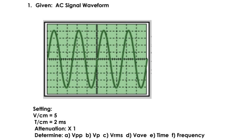 1. Given: AC Signal Waveform
Setting:
V/cm = 5
T/cm = 2 ms
Attenuation: X 1
Determine: a) Vpp b) Vp c) Vrms d) Vave e) Time f) Frequency
