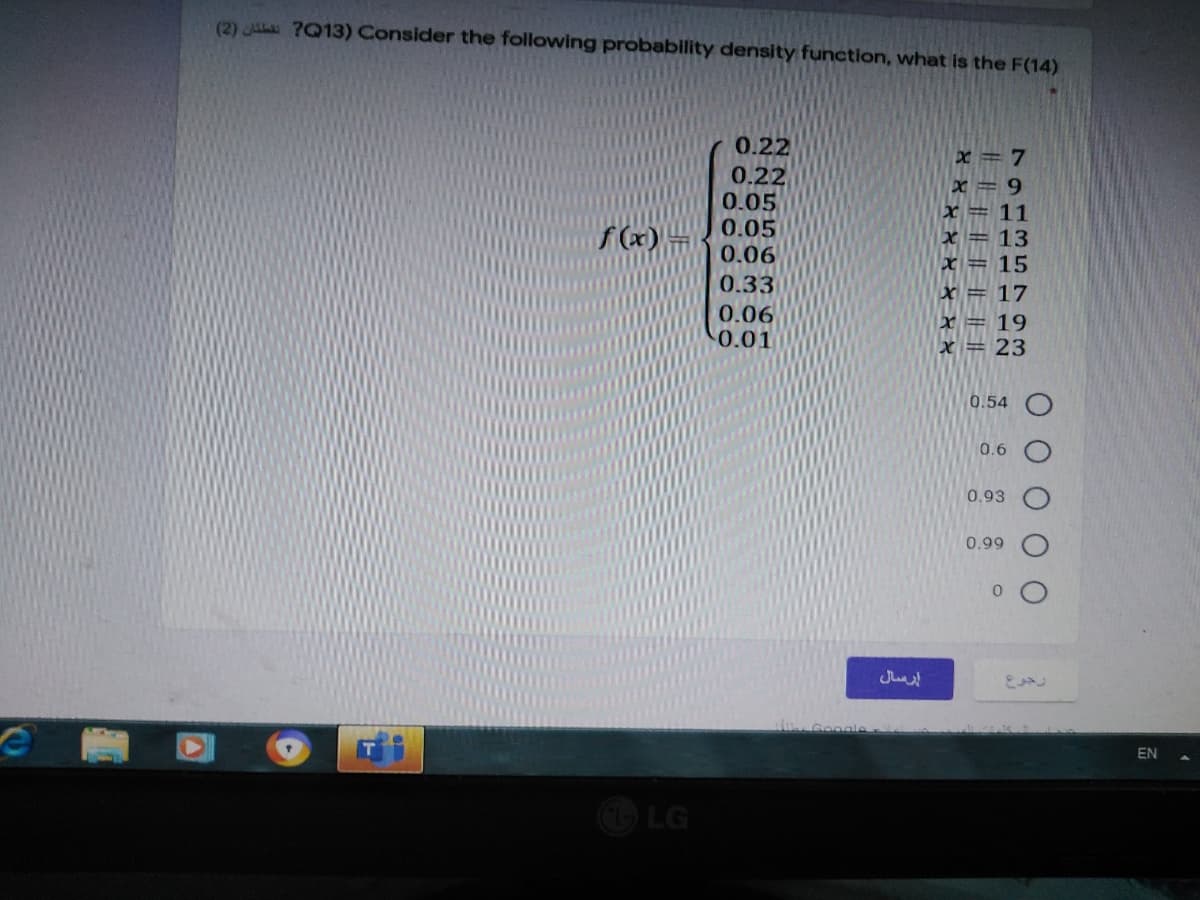 (2) JAL ?Q13) Consider the following probability density function, what is the F(14)
0.22
X= 7
0.22
0.05
0.05
0.06
X = 9
X= 11
f (x)
X = 13
15
0.33
X = 17
0.06
0.01
X = 19
X = 23
0.54
0.6
0.93
0.99
EN
LG
