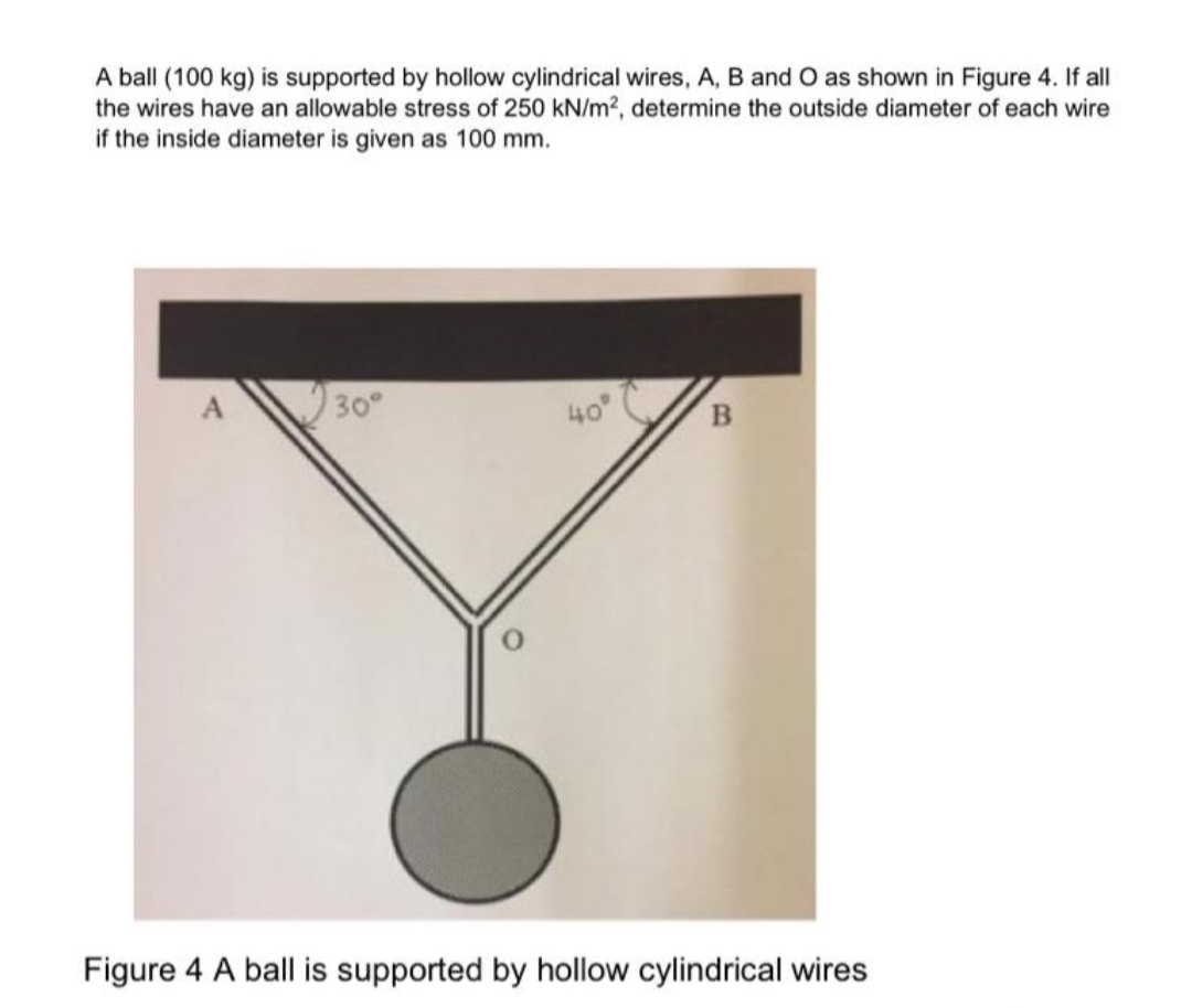 A ball (100 kg) is supported by hollow cylindrical wires, A, B and O as shown in Figure 4. If all
the wires have an allowable stress of 250 kN/m², determine the outside diameter of each wire
if the inside diameter is given as 100 mm.
A
30°
40⁰°
B
Figure 4 A ball is supported by hollow cylindrical wires