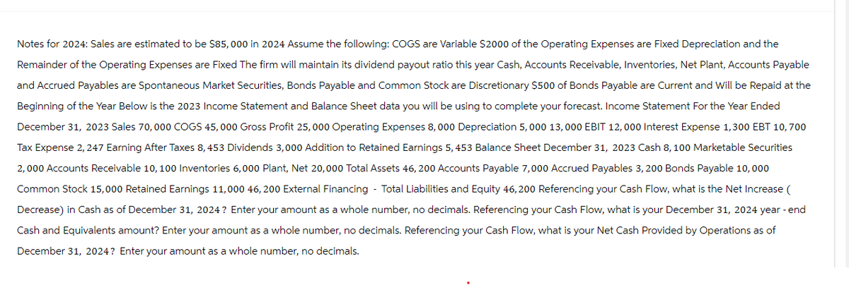 Notes for 2024: Sales are estimated to be $85,000 in 2024 Assume the following: COGS are Variable $2000 of the Operating Expenses are Fixed Depreciation and the
Remainder of the Operating Expenses are Fixed The firm will maintain its dividend payout ratio this year Cash, Accounts Receivable, Inventories, Net Plant, Accounts Payable
and Accrued Payables are Spontaneous Market Securities, Bonds Payable and Common Stock are Discretionary $500 of Bonds Payable are Current and Will be Repaid at the
Beginning of the Year Below is the 2023 Income Statement and Balance Sheet data you will be using to complete your forecast. Income Statement For the Year Ended
December 31, 2023 Sales 70,000 COGS 45,000 Gross Profit 25,000 Operating Expenses 8,000 Depreciation 5,000 13,000 EBIT 12, 000 Interest Expense 1,300 EBT 10, 700
Tax Expense 2, 247 Earning After Taxes 8, 453 Dividends 3,000 Addition to Retained Earnings 5, 453 Balance Sheet December 31, 2023 Cash 8, 100 Marketable Securities
2,000 Accounts Receivable 10, 100 Inventories 6,000 Plant, Net 20,000 Total Assets 46,200 Accounts Payable 7,000 Accrued Payables 3, 200 Bonds Payable 10,000
Common Stock 15,000 Retained Earnings 11,000 46,200 External Financing - Total Liabilities and Equity 46,200 Referencing your Cash Flow, what is the Net Increase (
Decrease) in Cash as of December 31, 2024? Enter your amount as a whole number, no decimals. Referencing your Cash Flow, what is your December 31, 2024 year-end
Cash and Equivalents amount? Enter your amount as a whole number, no decimals. Referencing your Cash Flow, what is your Net Cash Provided by Operations as of
December 31, 2024? Enter your amount as a whole number, no decimals.