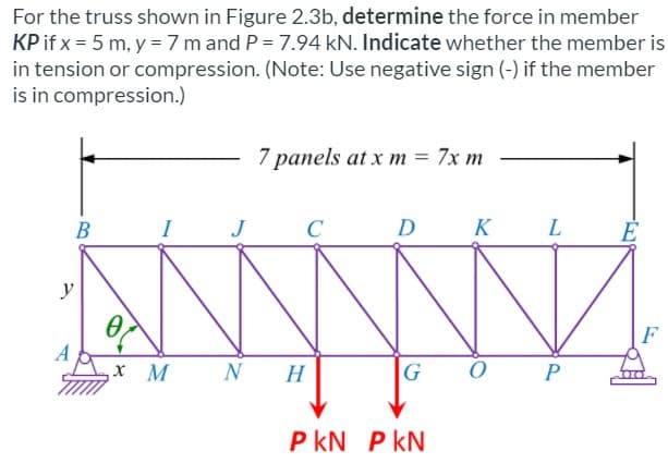 For the truss shown in Figure 2.3b, determine the force in member
KP if x = 5 m, y = 7 m and P = 7.94 kN. Indicate whether the member is
in tension or compression. (Note: Use negative sign (-) if the member
is in compression.)
7 panels at x m = 7x m
В
J
D
K
L
y
F
A
х М
N
H
G
P
P kN P kN
