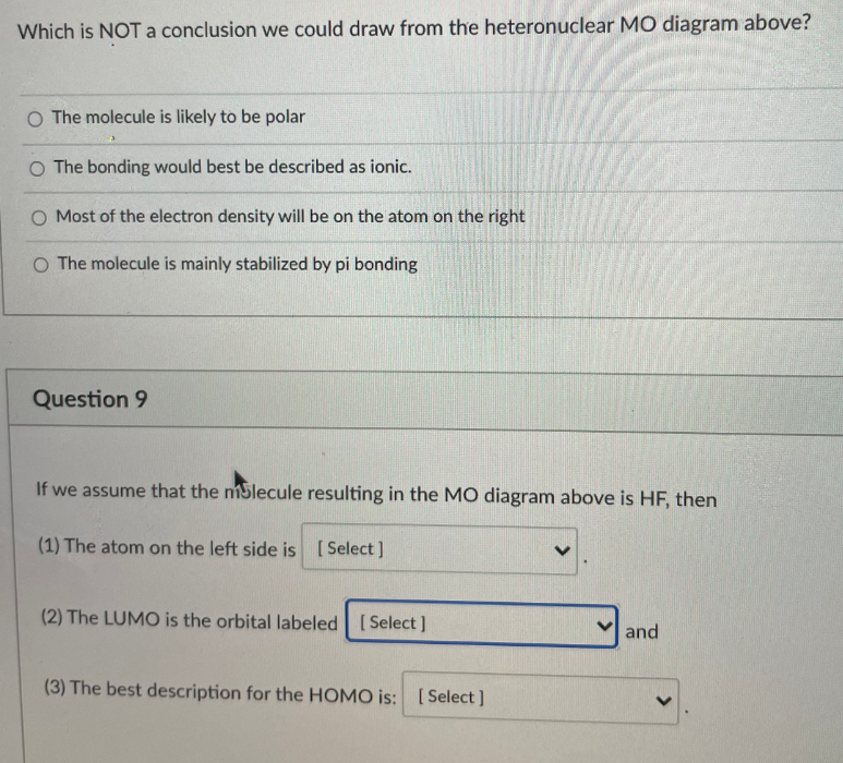 Which is NOTa conclusion we could draw from the heteronuclear MO diagram above?
O The molecule is likely to be polar
O The bonding would best be described as ionic.
O Most of the electron density will be on the atom on the right
O The molecule is mainly stabilized by pi bonding
Question 9
If we assume that the m5lecule resulting in the MO diagram above is HF, then
(1) The atom on the left side is [Select]
(2) The LUMO is the orbital labeled (Select]
and
(3) The best description for the HOMO is: [ Select ]
