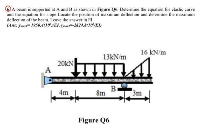 6A beam is supported at A and B as shown in Figure Q6. Determine the equation for elastic curve
and the equation for slope Locate the position of maximum deflection and determine the maximum
deflection of the beam. Leave the answer in EI.
(Ans: ymaxi= 1950.4(10')/EI, ymax=2824.8(10'/EI)
16 kN/m
13KN/m
20kN
A
B
3m
4m
8m
Figure Q6
