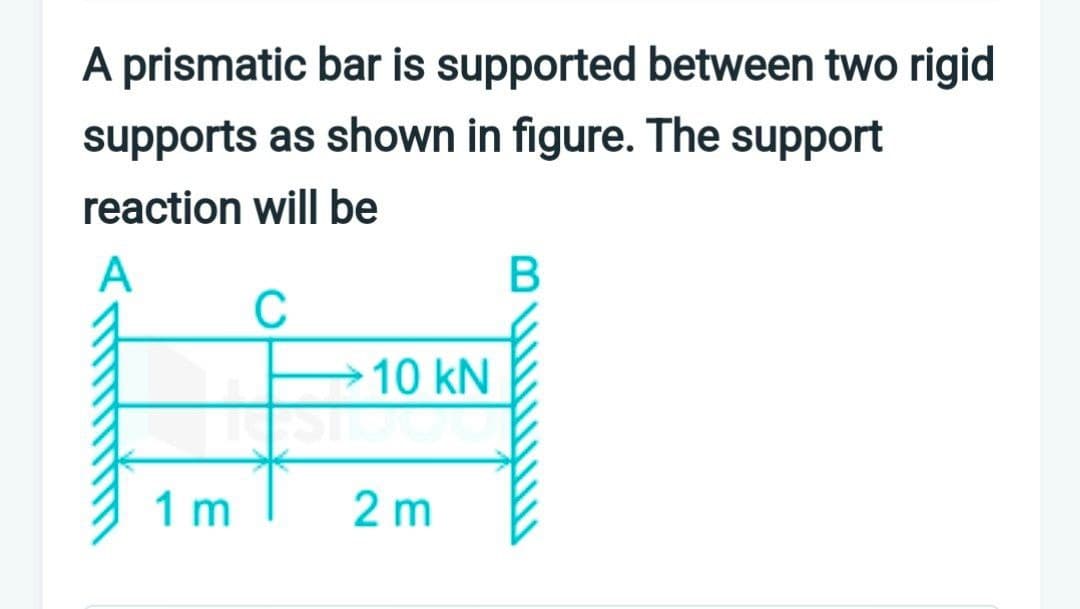 A prismatic bar is supported between two rigid
supports as shown in figure. The support
reaction will be
A
C
1 m
10 kN
2m
B