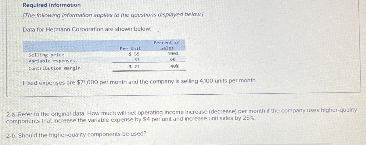 Required information
[The following information applies to the questions displayed below]
Data for Hermann Corporation are shown below:
Selling price
Variable expenses
Contribution margin
Per Unit
$ 55
Percent of
Sales
100%
33
60
$ 22
40%
Fixed expenses are $71,000 per month and the company is selling 4,100 units per month.
2-a. Refer to the original data. How much will net operating income increase (decrease) per month if the company uses higher-quality
components that increase the variable expense by $4 per unit and increase unit sales by 25%.
2-b. Should the higher-quality components be used?