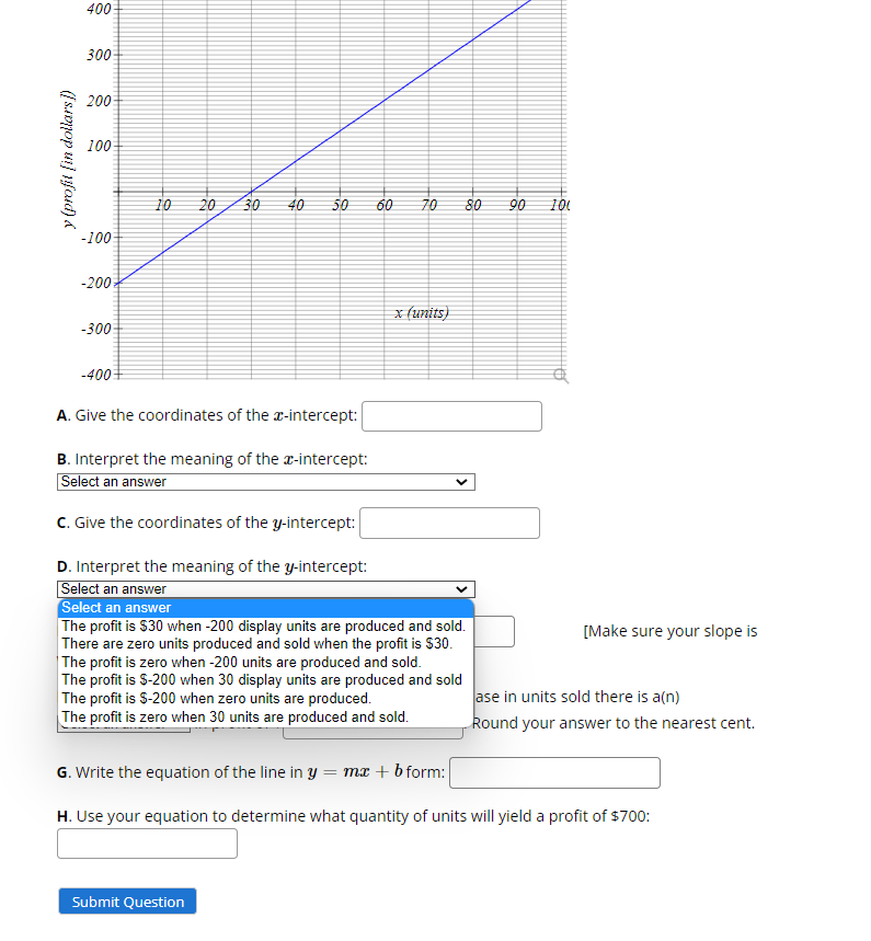 y (profit [in dollars])
400
300
200
100
10 20 30 40
-100
-200
-300
-400
A. Give the coordinates of the x-intercept:
B. Interpret the meaning of the x-intercept:
Select an answer
C. Give the coordinates of the y-intercept:
D. Interpret the meaning of the y-intercept:
Select an answer
Select an answer
The profit is $30 when -200 display units are produced and sold.
There are zero units produced and sold when the profit is $30.
The profit is zero when -200 units are produced and sold.
The profit is $-200 when 30 display units are produced and sold
The profit is $-200 when zero units are produced.
The profit is zero when 30 units are produced and sold.
G. Write the equation of the line in y = mx + b form:
H. Use your equation to determine what quantity of units will yield a profit of $700:
Submit Question
50
60
70
x (units)
80
90 101
[Make sure your slope is
ase in units sold there is a(n)
Round your answer to the nearest cent.