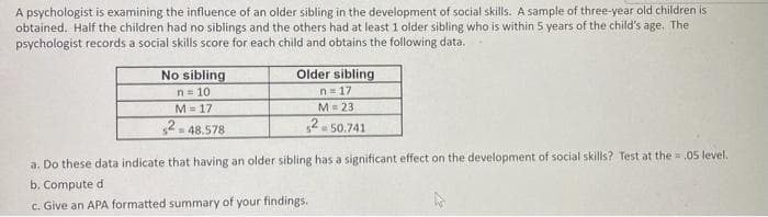 A psychologist is examining the influence of an older sibling in the development of social skills. A sample of three-year old children is
obtained. Half the children had no siblings and the others had at least 1 older sibling who is within 5 years of the child's age. The
psychologist records a social skills score for each child and obtains the following data.
No sibling
Older sibling
n= 10
n= 17
M= 17
M= 23
2- 50.741
= 48.578
a. Do these data indicate that having an older sibling has a significant effect on the development of social skills? Test at the ,05 level.
b. Compute d
c. Give an APA formatted summary of your findings.
