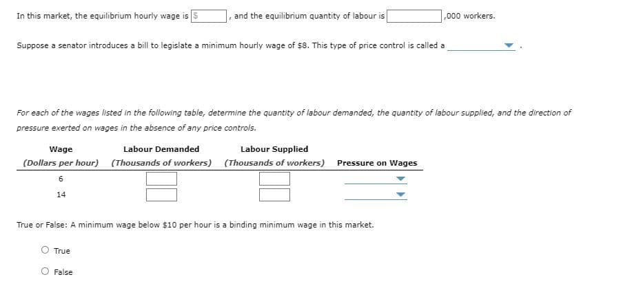 In this market, the equilibrium hourly wage is $
and the equilibrium quantity of labour is
,000 workers.
Suppose a senator introduces a bill to legislate a minimum hourly wage of $8. This type of price control is called a
For each of the wages listed in the following table, determine the quantity of labour demanded, the quantity of labour supplied, and the direction of
pressure exerted on wages in the absence of any price controls.
Wage
Labour Demanded
Labour Supplied
(Dollars per hour) (Thousands of workers) (Thousands of workers)
Pressure on Wages
6.
14
True or False: A minimum wage below $10 per hour is a binding minimum wage in this market.
True
False
