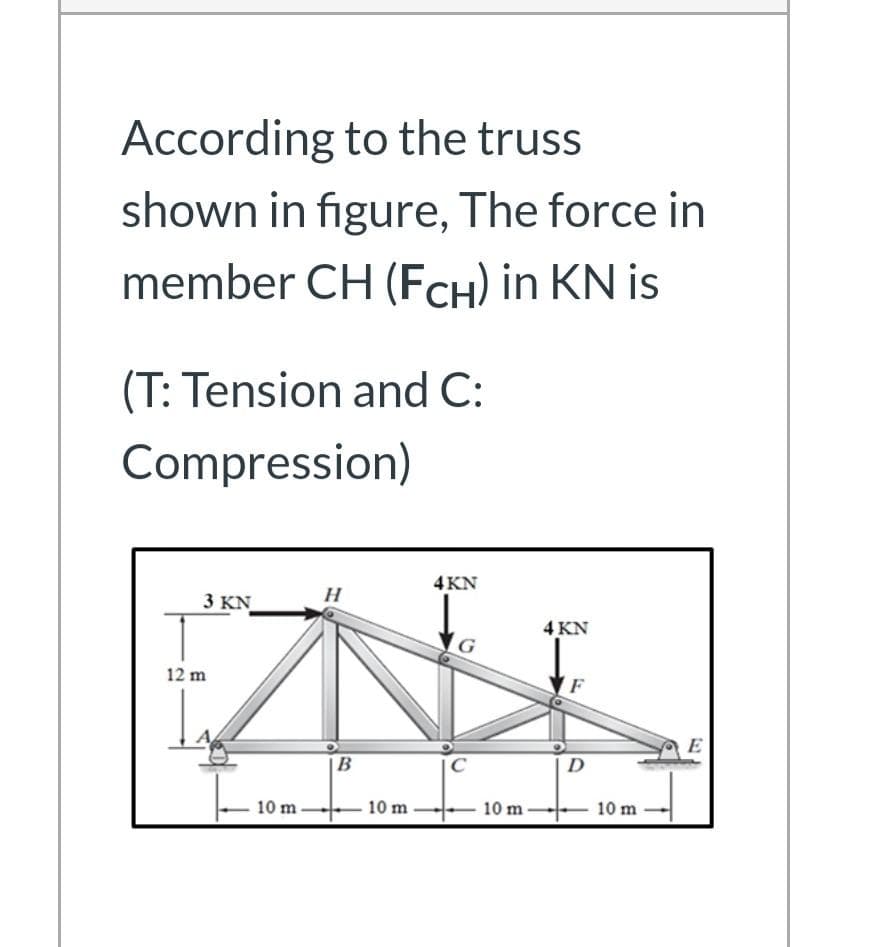 According to the truss
shown in figure, The force in
member CH (FCH) in KN is
(T: Tension and C:
Compression)
4KN
3 KN
4 KN
G
12 m
E
|B
C
D
10 m.
10 m
10 m
10 m
