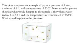 This picture represents a sample of gas at a pressure of 1 atm,
a volume of 1 L, and a temperature of 25°C. Draw a similar picture
showing what would happen to the sample if the volume were
reduced to 0.5 Land the temperature were increased to 250°C.
What would happen to the pressure?
