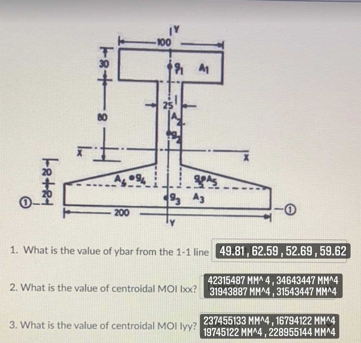 -100
30
A1
25
80
A94
93 A3
200
1. What is the value of ybar from the 1-1 line 49.81 , 62.59 , 52.69 , 59.62
42315487 MM^ 4,34643447 MM^4
31943887 MM^4 ,31543447 MM^4
2. What is the value of centroidal MỌI Ixx?
237455133 MM^4 , 16794122 MM^4
3. What is the value of centroidal MOI lyy? 19745122 MM^4 , 228955144 MM^4
