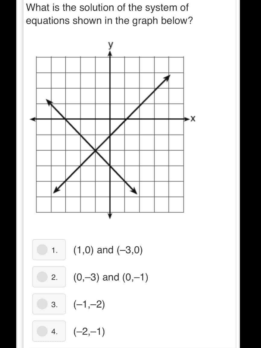 What is the solution of the system of
equations shown in the graph below?
y
1.
(1,0) and (-3,0)
2.
(0,-3) and (0,-1)
3.
(-1,–2)
4.
(-2,–1)
