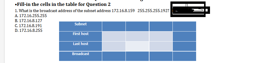 •Fill-in the cells in the table for Question 2
1. What is the broadcast address of the subnet address 172.16.8.159 255.255.255.192?
A. 172.16.255.255
B. 172.16.8.127
C. 172.16.8.191
D. 172.16.8.255
Subnet
First host
Last host
Broadcast