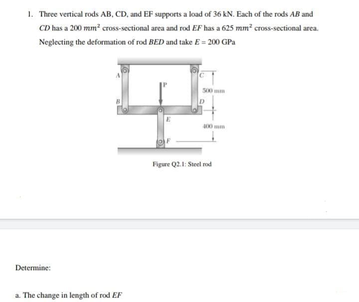 1. Three vertical rods AB, CD, and EF supports a load of 36 kN. Each of the rods AB and
CD has a 200 mm? cross-sectional area and rod EF has a 625 mm? cross-sectional area.
Neglecting the deformation of rod BED and take E = 200 GPa
500 mm
B
D
E
400 mm
Figure Q2.1: Steel rod
Determine:
a. The change in length of rod EF
