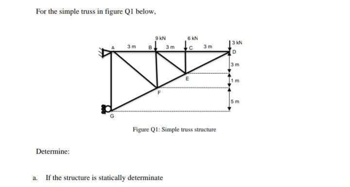 For the simple truss in figure Ql below,
9 kN
6 kN
3 KN
3m
B
3m c
3m
m
5m
Figure Q1: Simple truss structure
Determine:
a. If the structure is statically determinate
