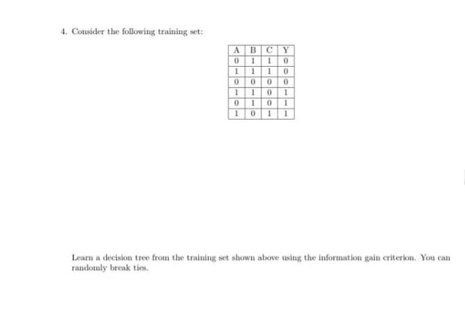 4. Consider the following training set:
A
0110
1 1 10
0000
B.
Y
1
1
0 101
1
Learn a decision tree from the training set shown above using the information gain criterion. You can
randomly break ties.
