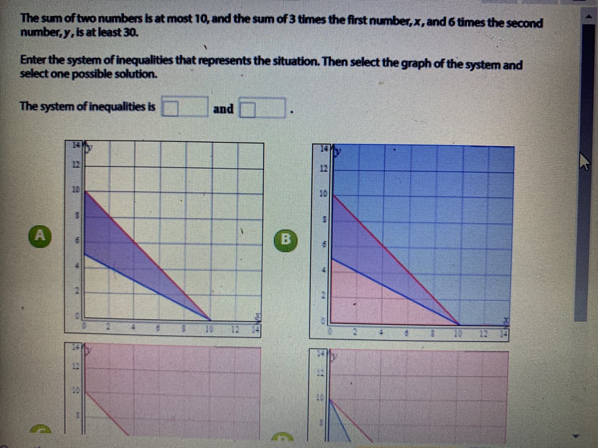 The sum of two numbers is at most 10, and the sum of 3 times the first number, x, and 6 times the second
number, y, is at least 30.
Enter the system of inequalities that represents the situation. Then select the graph of the system and
select one possible solution.
The system of inequalities is
and
12
12
14
12
