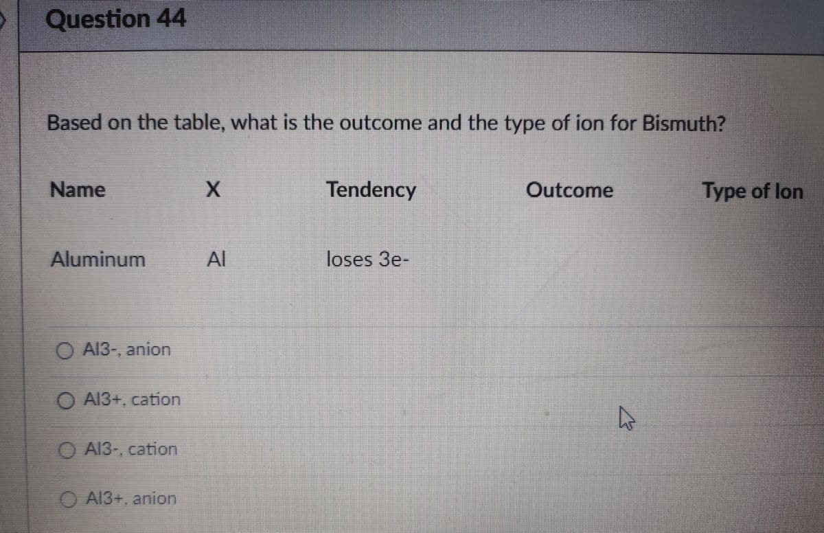 Question 44
Based on the table, what is the outcome and the type of ion for Bismuth?
Name
Tendency
Outcome
Туpe of lon
Aluminum
loses 3e-
O A13-, anion
O A13+, cation
O A13-, cation
O A13+, anion
