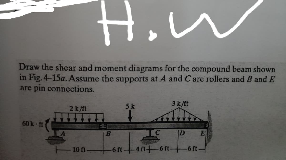 HiW
Draw the shear and moment diagrams for the compound beam shown
in Fig. 4-15a. Assume the supports at A and Care rollers and B and E
are pin connections.
2k/ft
5k
3 k/ft
60 k ft
|D
- 10 ft-
-6 ft4 ft-6 It 6t
