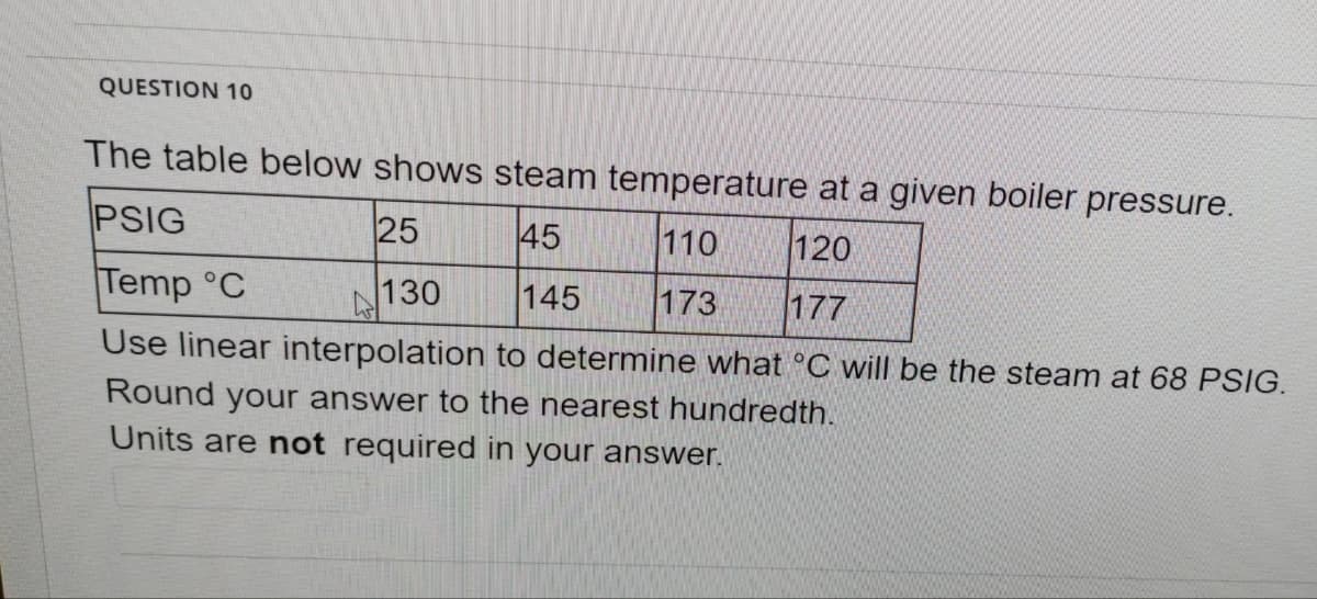 QUESTION 10
The table below shows steam temperature at a given boiler pressure.
25
45
110
120
145
173
PSIG
Temp °C
130
177
Use linear interpolation to determine what °C will be the steam at 68 PSIG.
Round your answer to the nearest hundredth.
Units are not required in your answer.