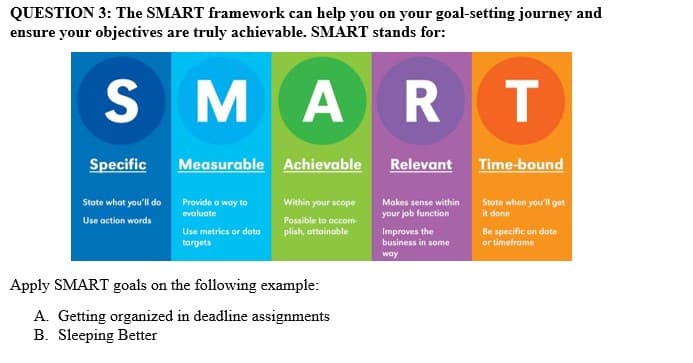 QUESTION 3: The SMART framework can help you on your goal-setting journey and
ensure your objectives are truly achievable. SMART stands for:
S MAR T
Specific
Measurable Achievable Relevant Time-bound
Stote what you'll do Provide a way to
State when you'll get
it done
Within your scope
Makes sense within
evaluate
your job function
Use oction words
Possible to accom
Use metrics or data
plish, ottainable
Improves the
business in some
specific on date
or timeframe
targets
way
Apply SMART goals on the following example:
A. Getting organized in deadline assignments
B. Sleeping Better
