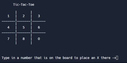 Tic-Tac-Toe
1
3
4
5
8.
Type in a number that is on the board to place an X there ->I
Co
2.
