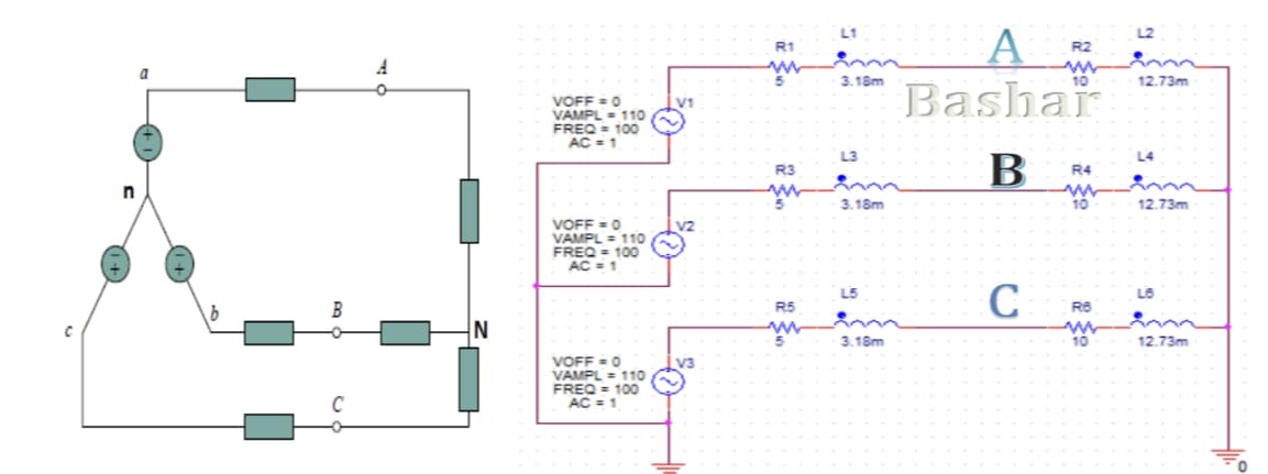 R1
R2
3.18m
10
12.73m
Bashar
VOFF =0
VAMPL = 110
FREQ = 100
AC = 1
V1
R3
R4
n
3.18m
10
12.73m
VOFF =0
VAMPL = 110
FREQ = 100
AC = 1
V2
C
L5
L6
R5
C
3.18m
10
12.73m
VOFF =0
VAMPL = 110
FREQ = 100
AC = 1
V3
