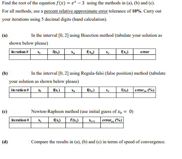 Find the root of the equation f(x) = e* – 3 using the methods in (a), (b) and (c).
For all methods, use a percent relative approximate error tolerance of 10%. Carry out
your iterations using 5 decimal digits (hand calculation).
(a)
In the interval [0, 2] using Bisection method (tabulate your solution as
shown below please)
ite ration #
f(x)
X,
f(x,)
error
(b)
|In the interval [0, 2] using Regula-falsi (false position) method (tabulate
your solution as shown below please)
iteration #
f(x))
f(x„)
f(x,)
|errorm (%)
Xu
X,
(c)
Newton-Raphson method (use initial guess of x, = 0)
iteration #
f(x;)
f(x;)
Xi+1
error (%)
(d)
Compare the results in (a), (b) and (c) in terms of speed of convergence.
