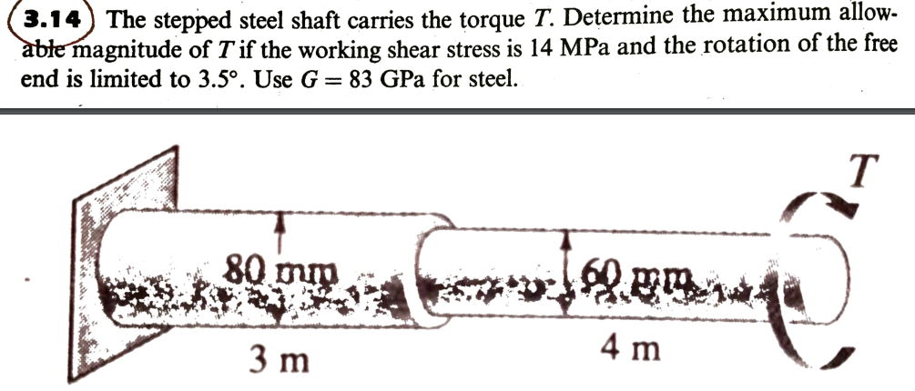 3.14) The stepped steel shaft carries the torque T. Determine the maximum allow-
able magnitude of Tif the working shear stress is 14 MPa and the rotation of the free
end is limited to 3.5°. Use G
= 83 GPa for steel.
T
80 mm
4 m
3 m
