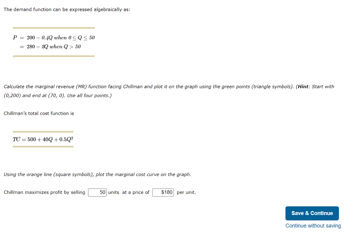 The demand function can be expressed algebraically as:
P = 200 – 0.ĄQ when 0<Q< 50
= 280 – 2Q when Q > 50
Calculate the marginal revenue (MR) function facing Chillman and plot it on the graph using the green points (triangle symbols). (Hint: Start with
(0,200) and end at (70, 0). Use all four points.)
Chillman's total cost function is
TC = 500 + 40Q+0.5Q²
Using the orange line (square symbols), plot the marginal cost curve on the graph.
Chillman maximizes profit by selling
50 units at a price of
$180 per unit.
Save & Continue
Continue without saving
