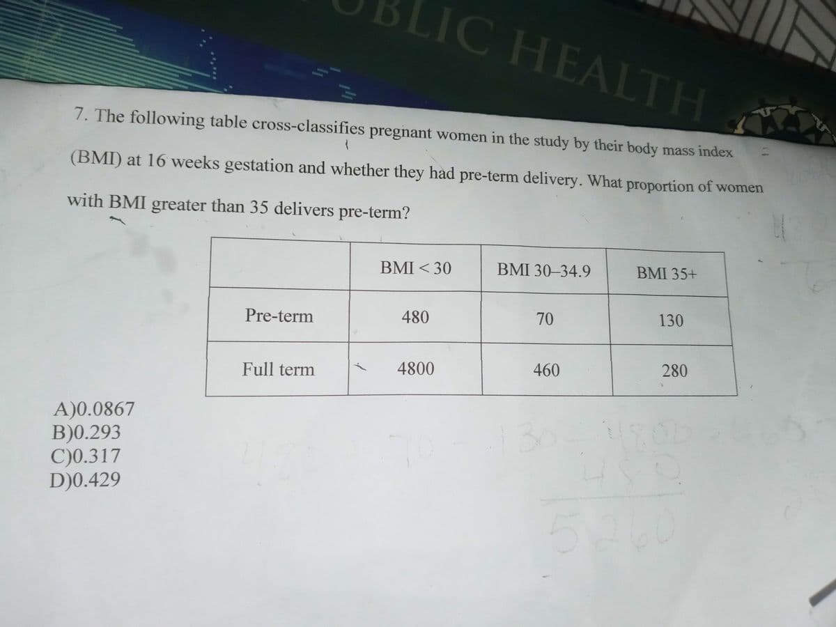 LIC HEALTH
7. The following table cross-classifies pregnant women in the study by their body mass index
(BMI) at 16 weeks gestation and whether they had pre-term delivery. What proportion of women
with BMI greater than 35 delivers pre-term?
BMI < 30
BMI 30–34.9
BMI 35+
Pre-term
480
70
130
Full term
4800
460
280
A)0.0867
B)0.293
C)0.317
D)0.429
30
