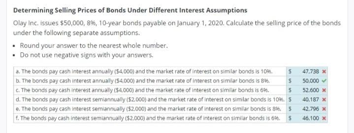 Determining Selling Prices of Bonds Under Different Interest Assumptions
Olay Inc. issues $50,000, 8%, 10-year bonds payable on January 1, 2020. Calculate the selling price of the bonds
under the following separate assumptions.
• Round your answer to the nearest whole number.
• Do not use negative signs with your answers.
a. The bonds pay cash interest annually ($4.000) and the market rate of interest on similar bonds is 10%.
b. The bonds pay cash interest annually (54.000) and the market rate of interest on similar bonds is 8%.
c. The bonds pay cash interest annually ($4.000) and the market rate of interest on similar bonds is 6%.
d. The bonds pay cash interest semiannually ($2.000) and the market rate of interest on similar bonds is 10%. S
e. The bonds pay cash interest semiannually ($2.000) and the market rate of interest on similar bonds is 8%, s
f. The bonds pay cash interest semiannually ($2.000) and the market rate of interest on similar bonds is 6%.
%24
47,738 x
50.000 v
52,600 x
40,187 x
42.796 x
%24
46.100 x
