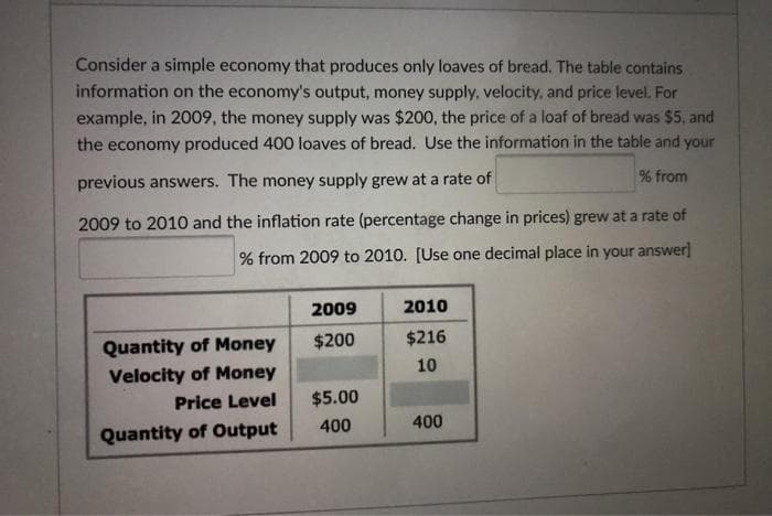 Consider a simple economy that produces only loaves of bread. The table contains
information on the economy's output, money supply, velocity, and price level. For
example, in 2009, the money supply was $200, the price of a loaf of bread was $5, and
the economy produced 400 loaves of bread. Use the information in the table and your
previous answers. The money supply grew at a rate of
% from
2009 to 2010 and the inflation rate (percentage change in prices) grew at a rate of
% from 2009 to 2010. [Use one decimal place in your answer]
2009
2010
Quantity of Money
$200
$216
Velocity of Money
10
Price Level
$5.00
Quantity of Output
400
400
