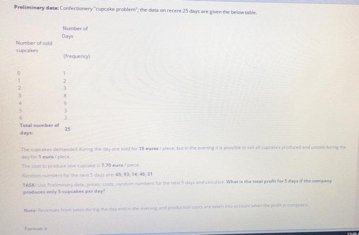 Preliminary data: Confectionery "cupcake problem"; the data on recent 25 days are given the below table.
Number of
Days
Number of sold
cupcakes
(frequency)
0
1
2
3
4
6
Total number of
2
25
days:
The cupcakes demanded during the day are sold for 15 euros/piece; but in the evening it is possible to sell all cupcakes produced and unsold during the
day for 1 euro/piece.
The cost to produce one cupcake is 7.70 euro / piece
Random numbers for the next 5 days are: 65; 93; 14;46; 31
TASK: Use Preliminary data, prices, costs, random numbers for the next 5 days and calculate. What is the total profit for 5 days if the company
produces only 5 cupcakes per day?
Note: Revenues from sales during the day and in the evening and production costs are taken into account when the profit is computed.
Format: x
12454
5
-N3103N
2
8
6