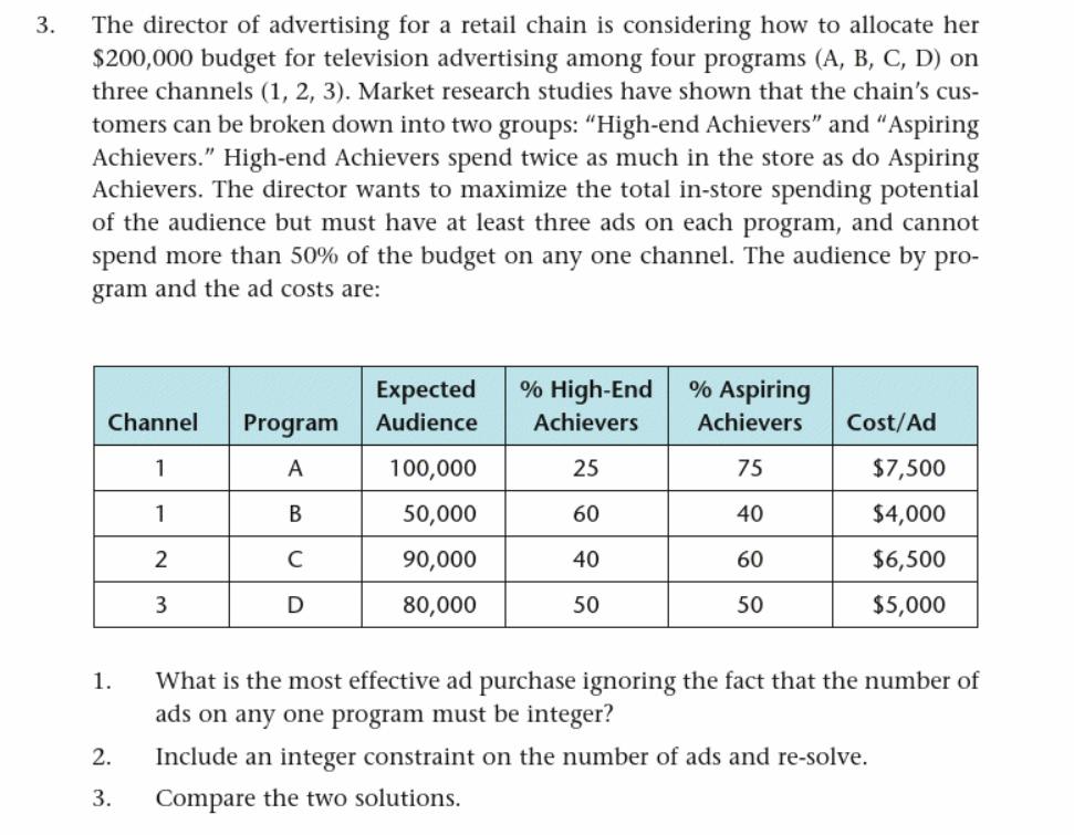 3.
The director of advertising for a retail chain is considering how to allocate her
$200,000 budget for television advertising among four programs (A, B, C, D) on
three channels (1, 2, 3). Market research studies have shown that the chain's cus-
tomers can be broken down into two groups: "High-end Achievers" and "Aspiring
Achievers." High-end Achievers spend twice as much in the store as do Aspiring
Achievers. The director wants to maximize the total in-store spending potential
of the audience but must have at least three ads on each program, and cannot
spend more than 50% of the budget on any one channel. The audience by pro-
gram and the ad costs are:
1.
Expected
% High-End
% Aspiring
Channel Program
Audience
Achievers
Achievers
Cost/Ad
1
A
100,000
25
75
$7,500
1
B
50,000
60
40
$4,000
2
C
90,000
40
60
$6,500
3
D
80,000
50
50
$5,000
What is the most effective ad purchase ignoring the fact that the number of
ads on any one program must be integer?
2.
Include an integer constraint on the number of ads and re-solve.
3.
Compare the two solutions.