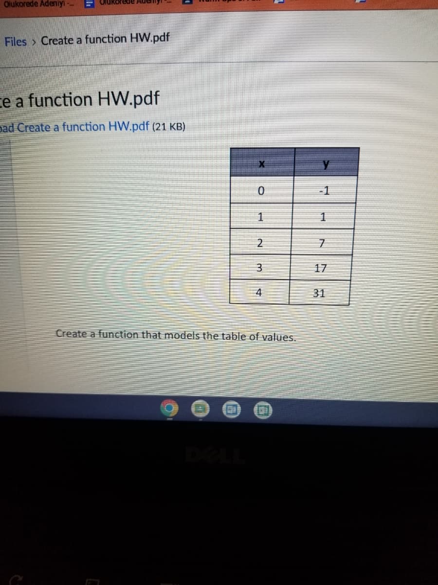 Olukorede Adeniyi Oldbrede Ade
Files Create a function HW.pdf
ce a function HW.pdf
bad Create a function HW.pdf (21 KB)
0
O
1
2
3
4
Create a function that models the table of values.
-1
1
7
17
31