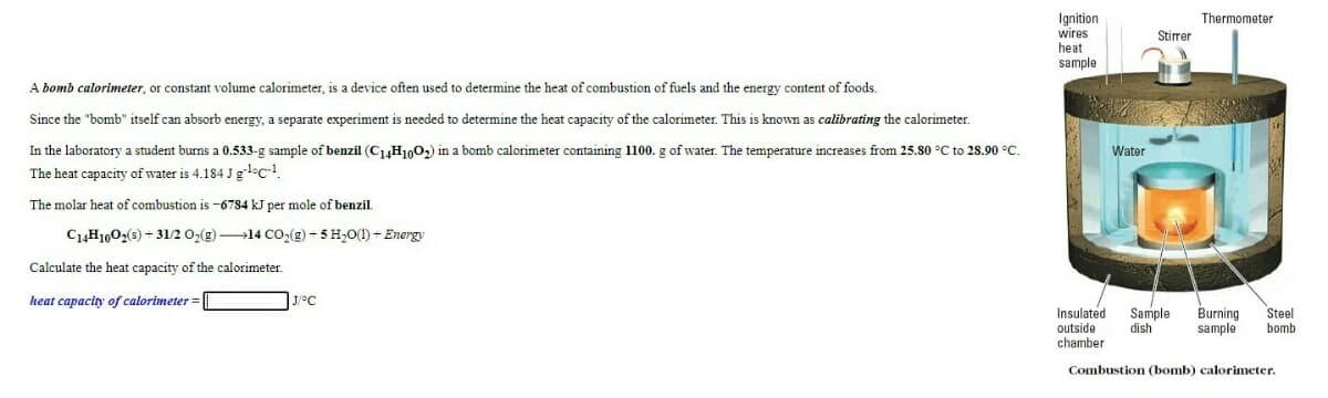 Ignition
wires
Thermometer
Stirrer
heat
sample
A bomb calorimeter, or constant volume calorimeter, is a device often used to determine the heat of combustion of fuels and the energy content of foods.
Since the "bomb" itself can absorb energy, a separate experiment is needed to determine the heat capacity of the calorimeter. This is known as calibrating the calorimeter.
In the laboratory a student burns a 0.533-g sample of benzil (C1H100,) in a bomb calorimeter containing 1100. g of water. The temperature increases from 25.80 °C to 28.90 °C.
Water
The heat capacity of water is 4.184 Jgl°c-1
The molar heat of combustion is -6784 kJ per mole of benzil.
C14H1002(s) + 31/2 0,(g) 14 CO,(g) + 5 H,O(1) + Energy
Calculate the heat capacity of the calorimeter.
heat capacity of calorimeter =
J/°C
Insulated
Sample
dish
Steel
Burning
sample
outside
bomb
chamber
Combustion (bomb) calorimeter.
